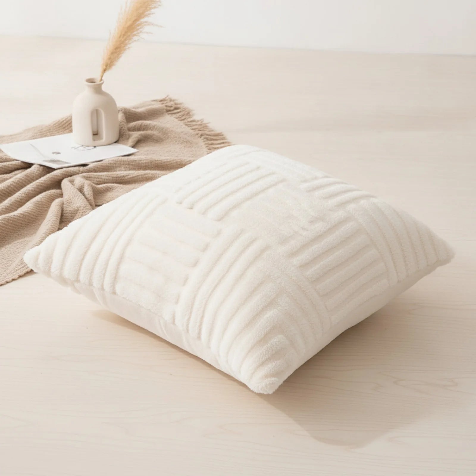 Housse Coussin Peluche Beige Bohème 45x45cm