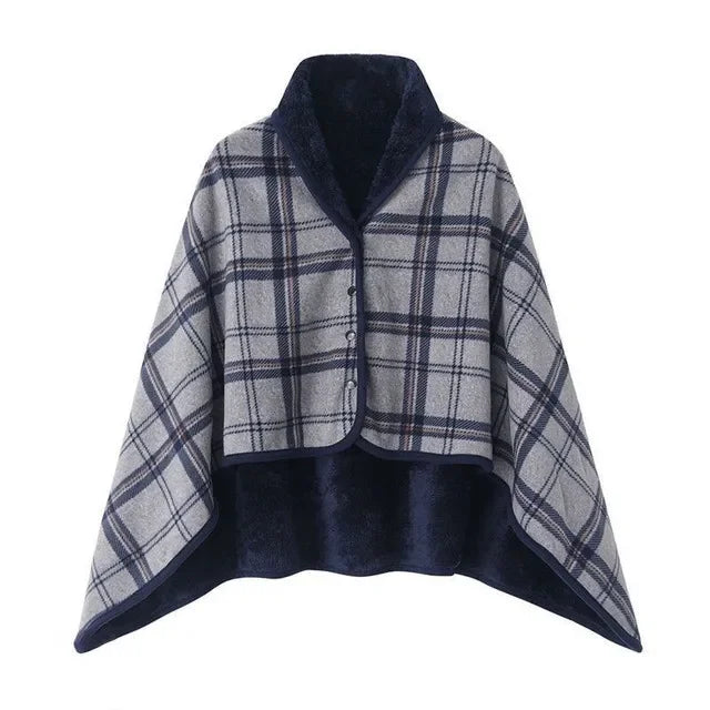 Poncho Plaid à Carreaux Doublé Sherpa