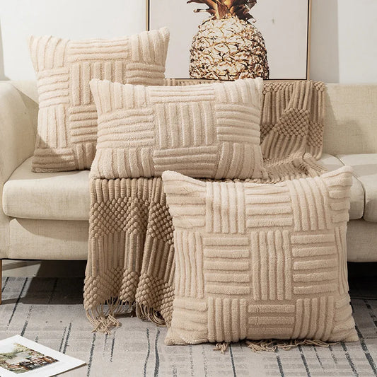 Housse Coussin Peluche Luxe Bohème Blanc Crème