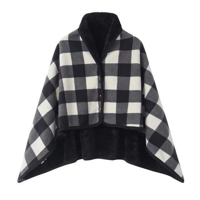 Poncho Plaid à Carreaux Doublé Sherpa