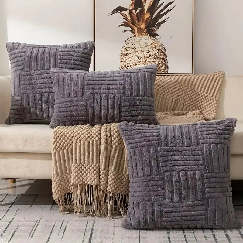 Housse Coussin Bohème Fausse Fourrure Luxe Gris