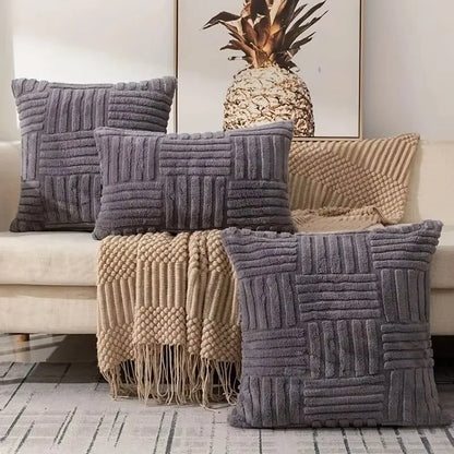 Housse Coussin Bohème Fausse Fourrure Luxe Gris