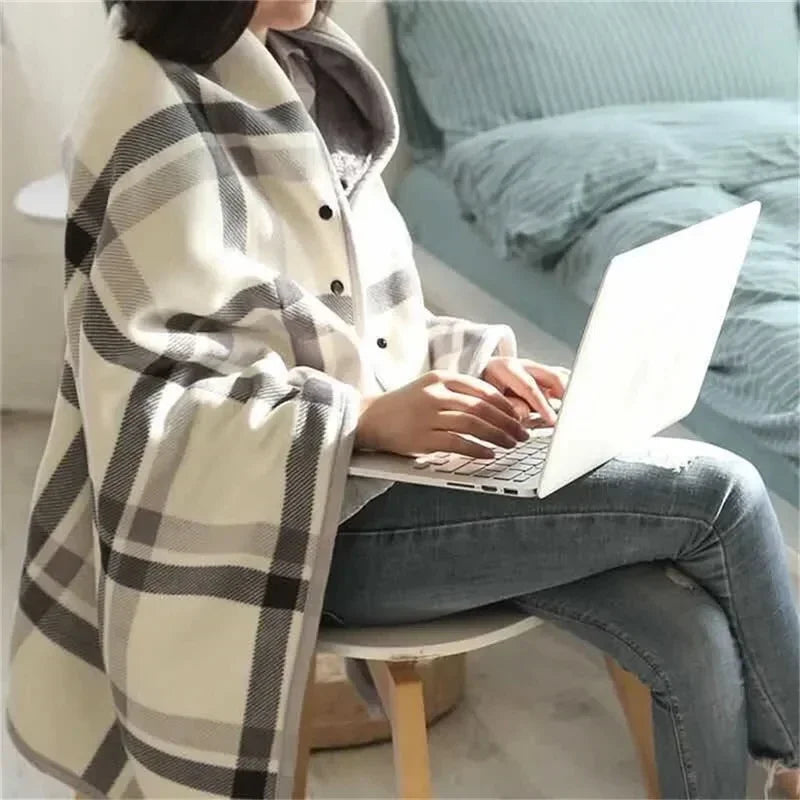 Poncho Plaid à Carreaux Doublé Sherpa