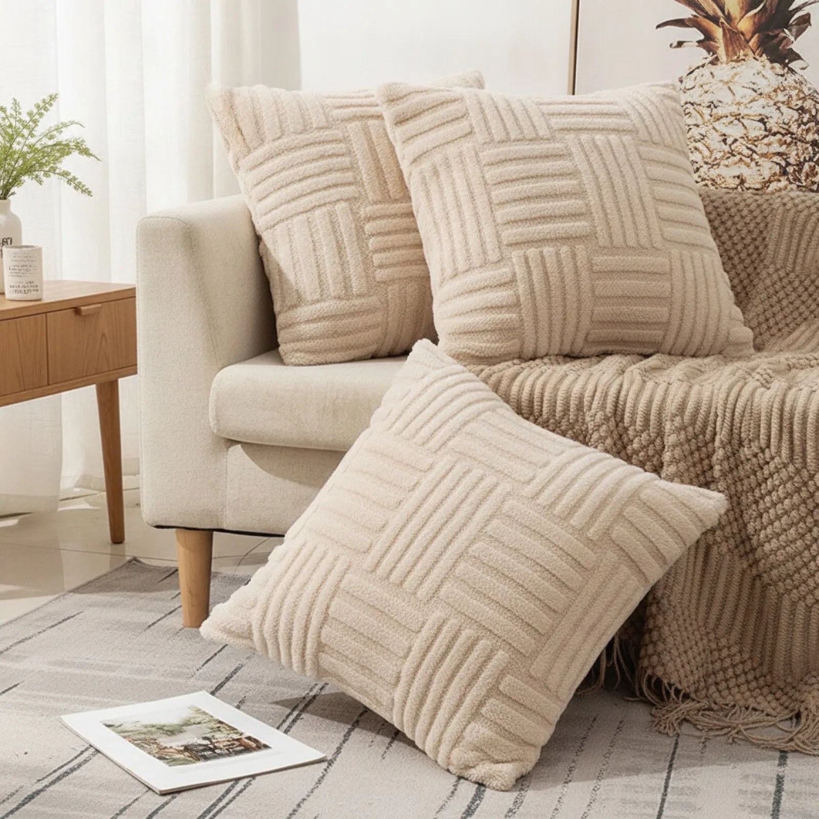 Housse Coussin Peluche Luxe Bohème Blanc Crème