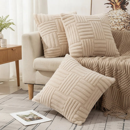 Housse Coussin Peluche Luxe Bohème Blanc Crème
