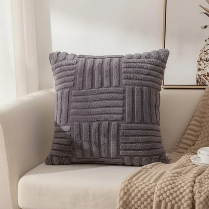 Housse Coussin Bohème Fausse Fourrure Luxe Gris