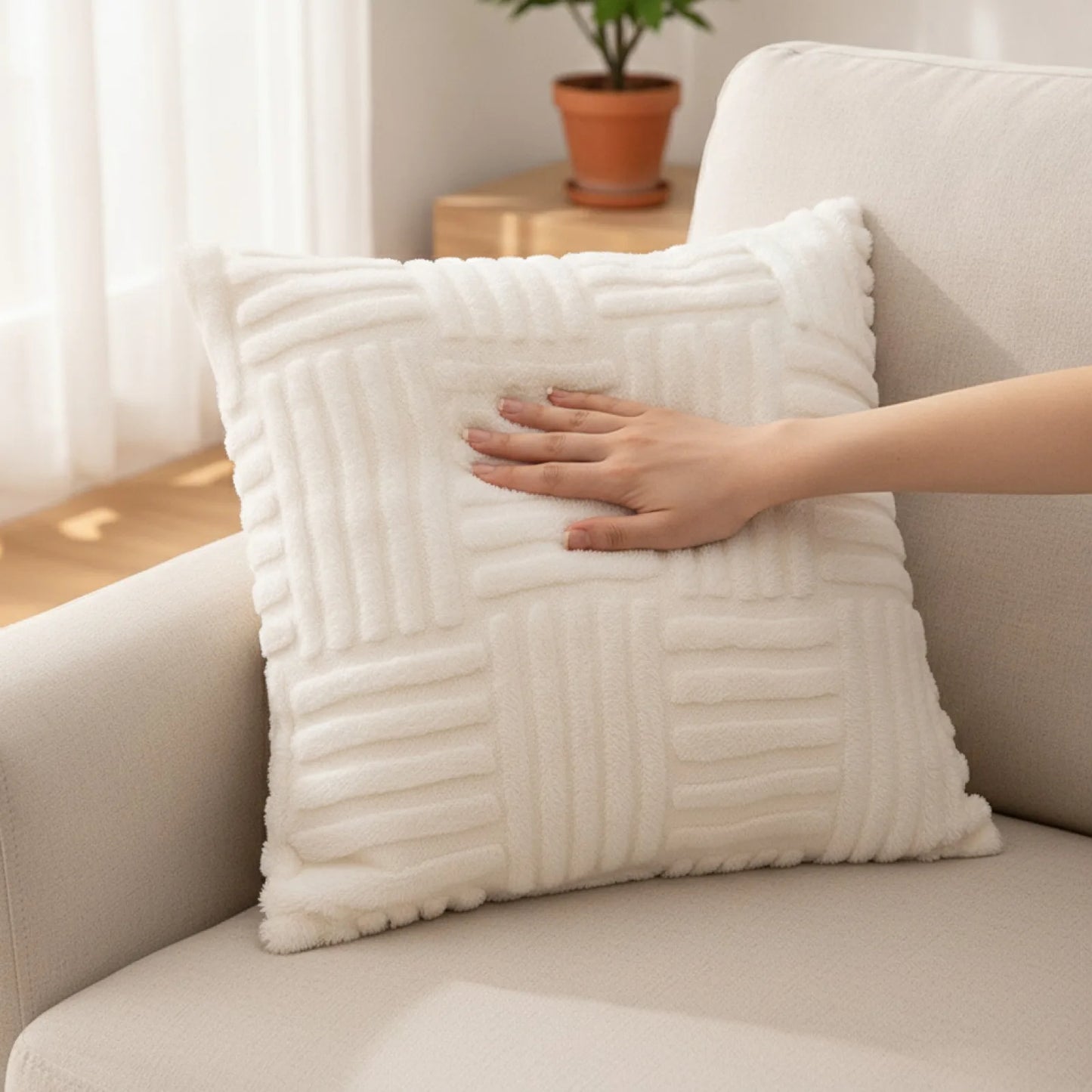 Housse Coussin Peluche Beige Bohème 45x45cm