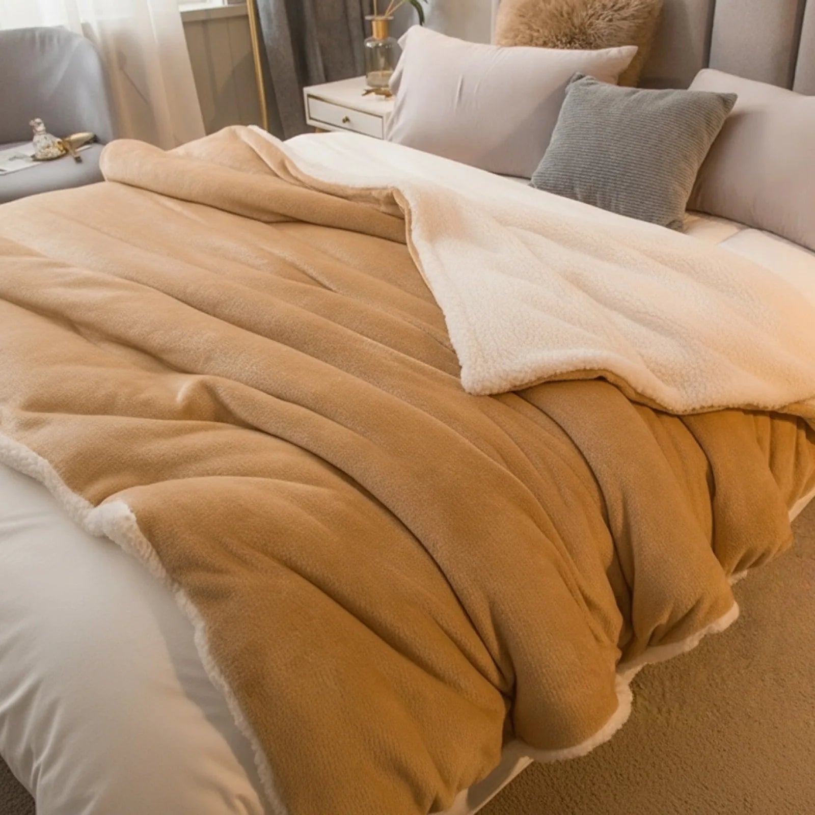 Couverture Laine Double Face Chaleur Hivernale Camel