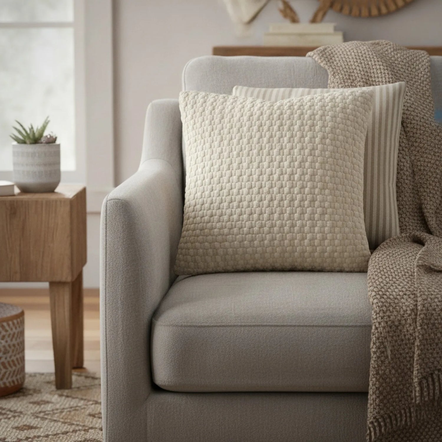 Housse Coussin Bohème Moderne Velours Beige Rayé