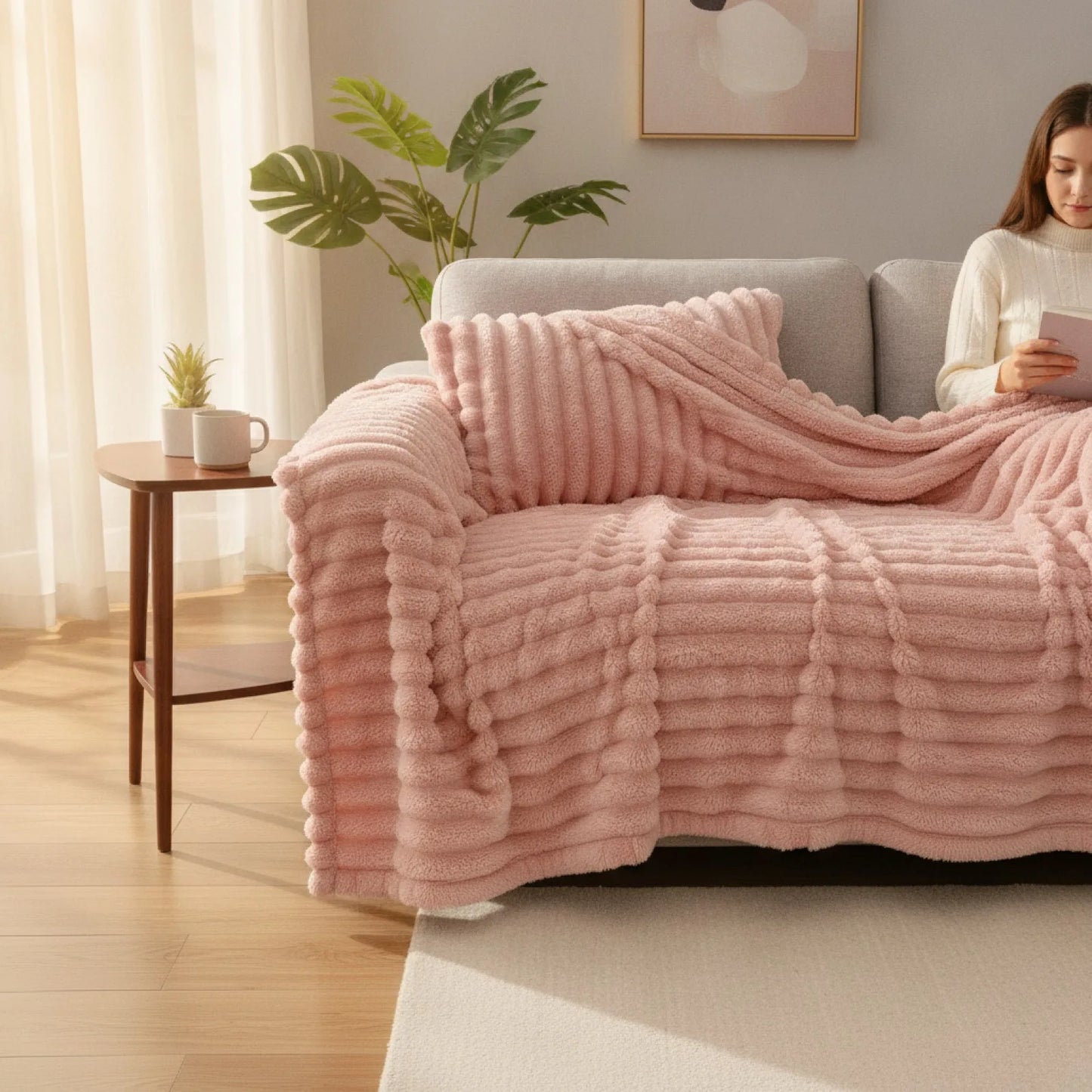 Couverture Rose Rayée Épaisse Multifonction
