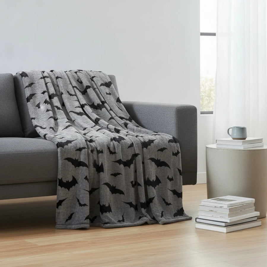 Plaid flanelle imprimé chauves-souris gris