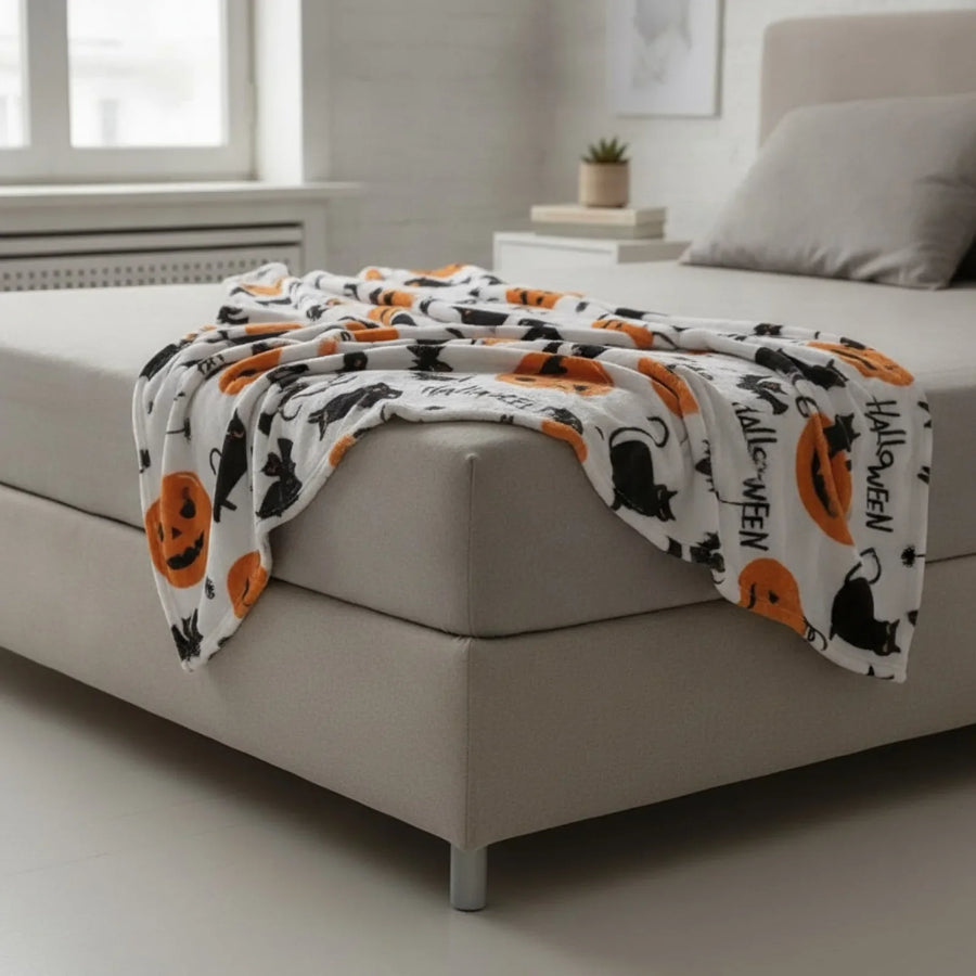 Plaid flanelle imprimé chats et citrouilles