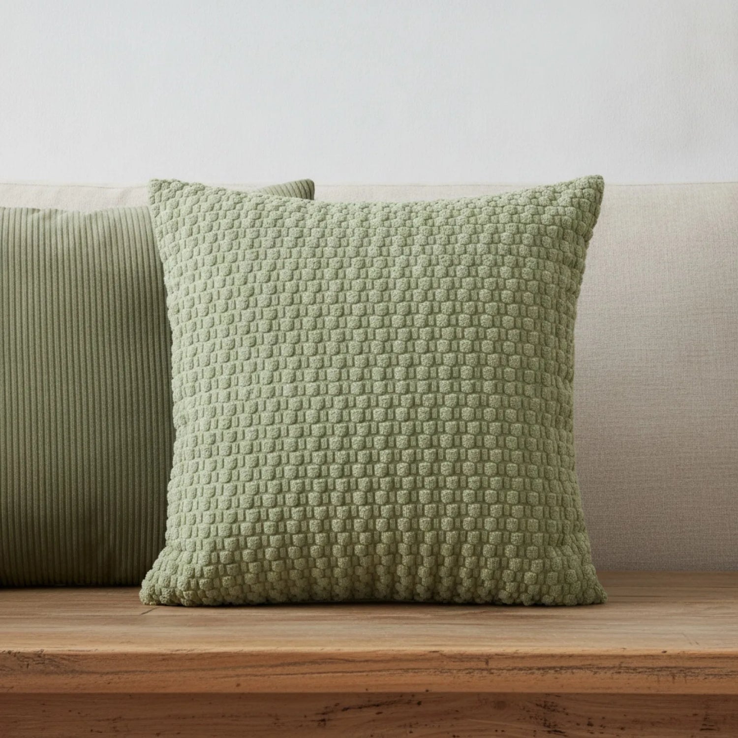 Housse Coussin Velours Côtelé Rayé Vert Clair Bohème Moderne