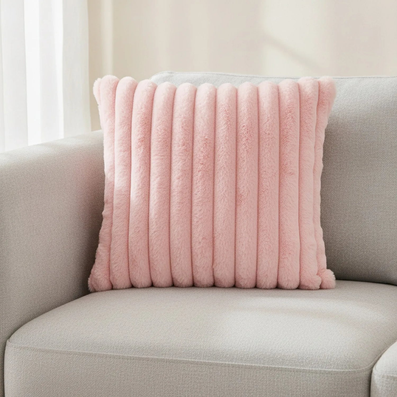 Taie d'oreiller Velours Côtelé Rayé Rose 45x45cm